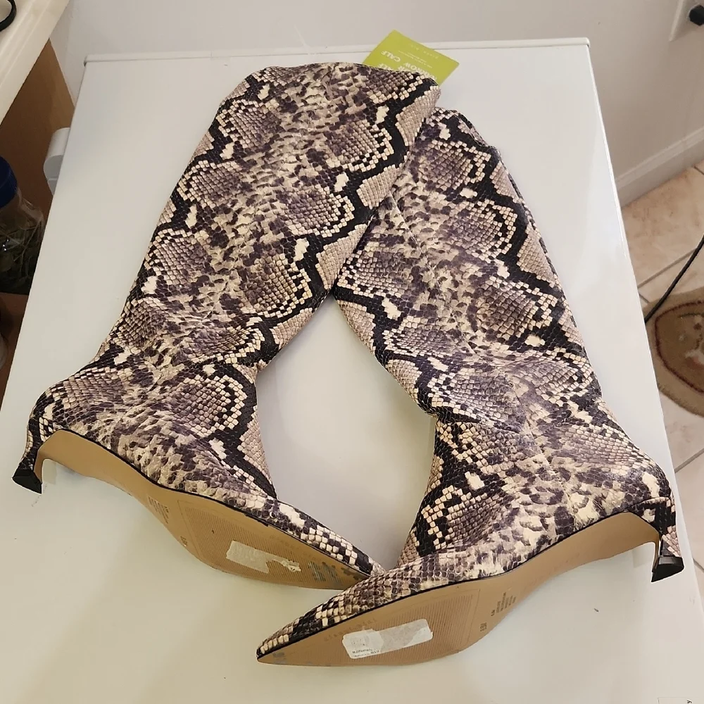 Gianni Bini Over-the-Knee Snakeskin Print Boots - Tan and Black - Picture 3 of 12